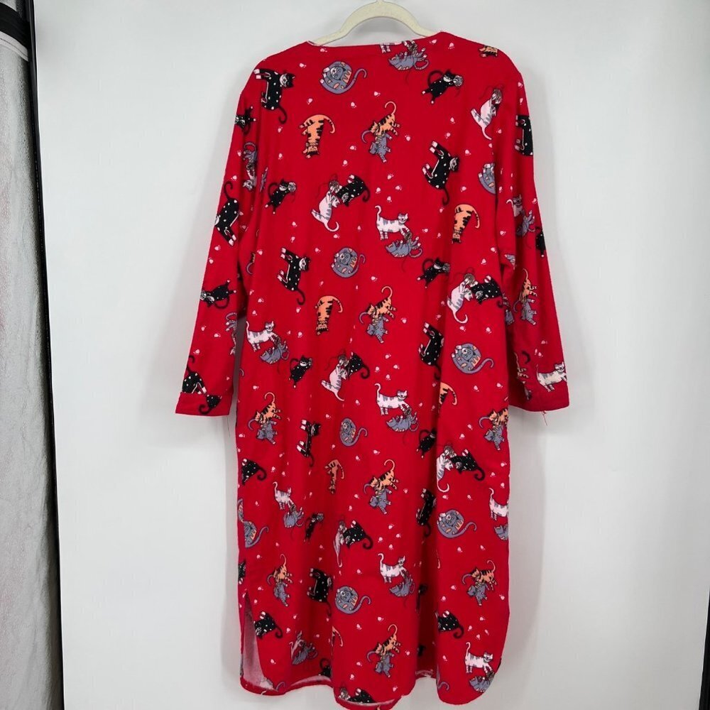 LA CERA Cat Flannel Night Gown Shirt Red Cotton Button Winter Women’s Size Large - Picture 7 of 11